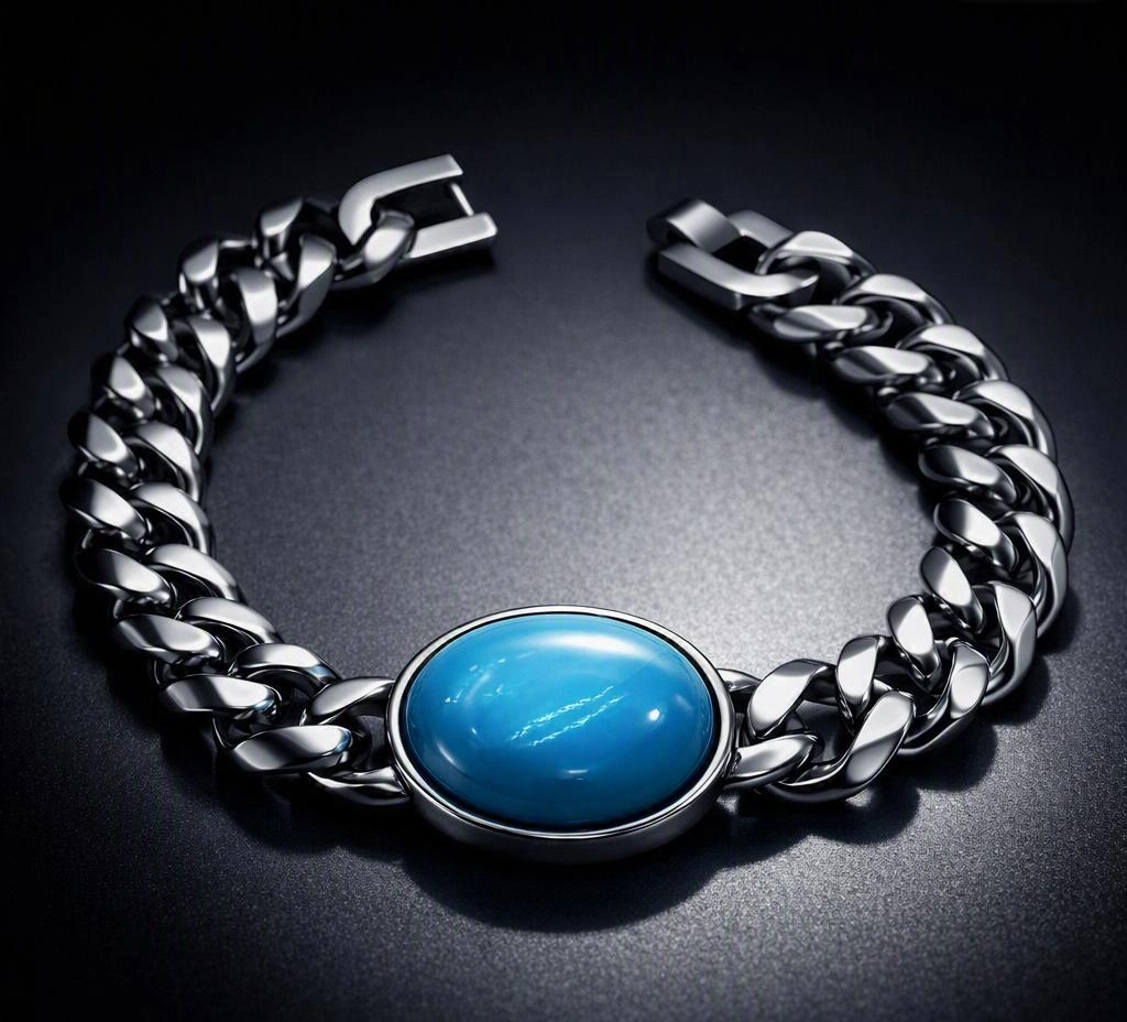 Heavy Stainless Steel Cuban Chain Bracelet with Blue Stone