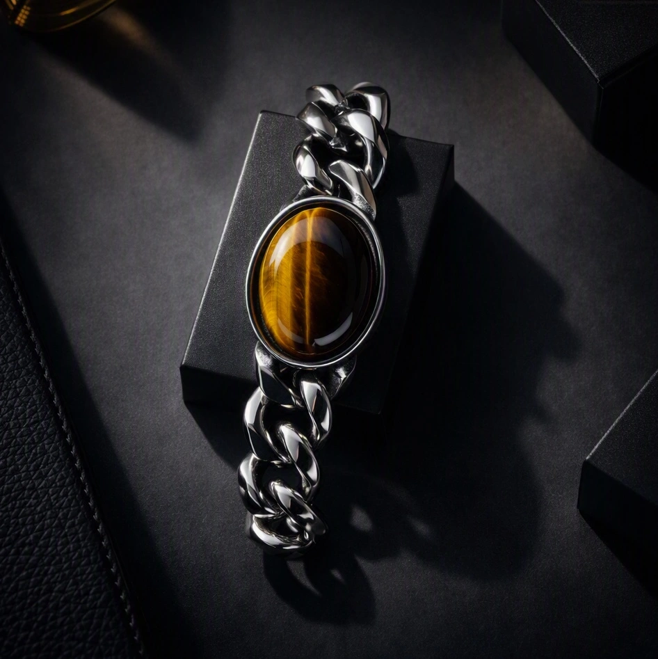 Men's Stainless Steel Chunky Chain Tiger Eye Statement Bracelet