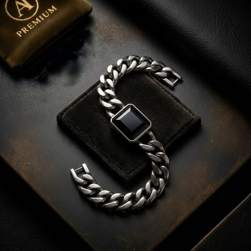 Men's Stainless Steel Geometric Black Onyx Cuban Link Bracelet