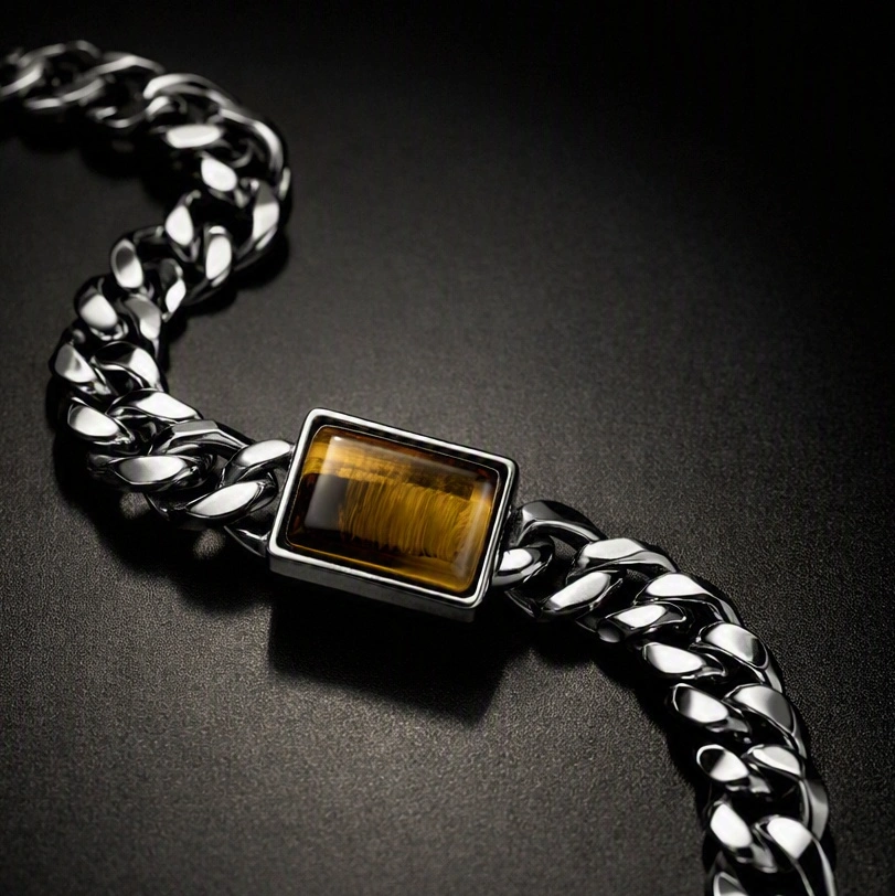 Men's Stainless Steel Geometric Tiger's Eye Cuban Link Bracelet