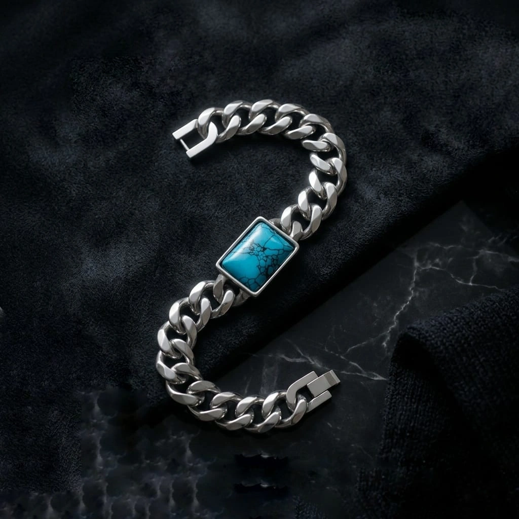 Men's Stainless Steel Geometric Turquoise Cuban Link Bracelet